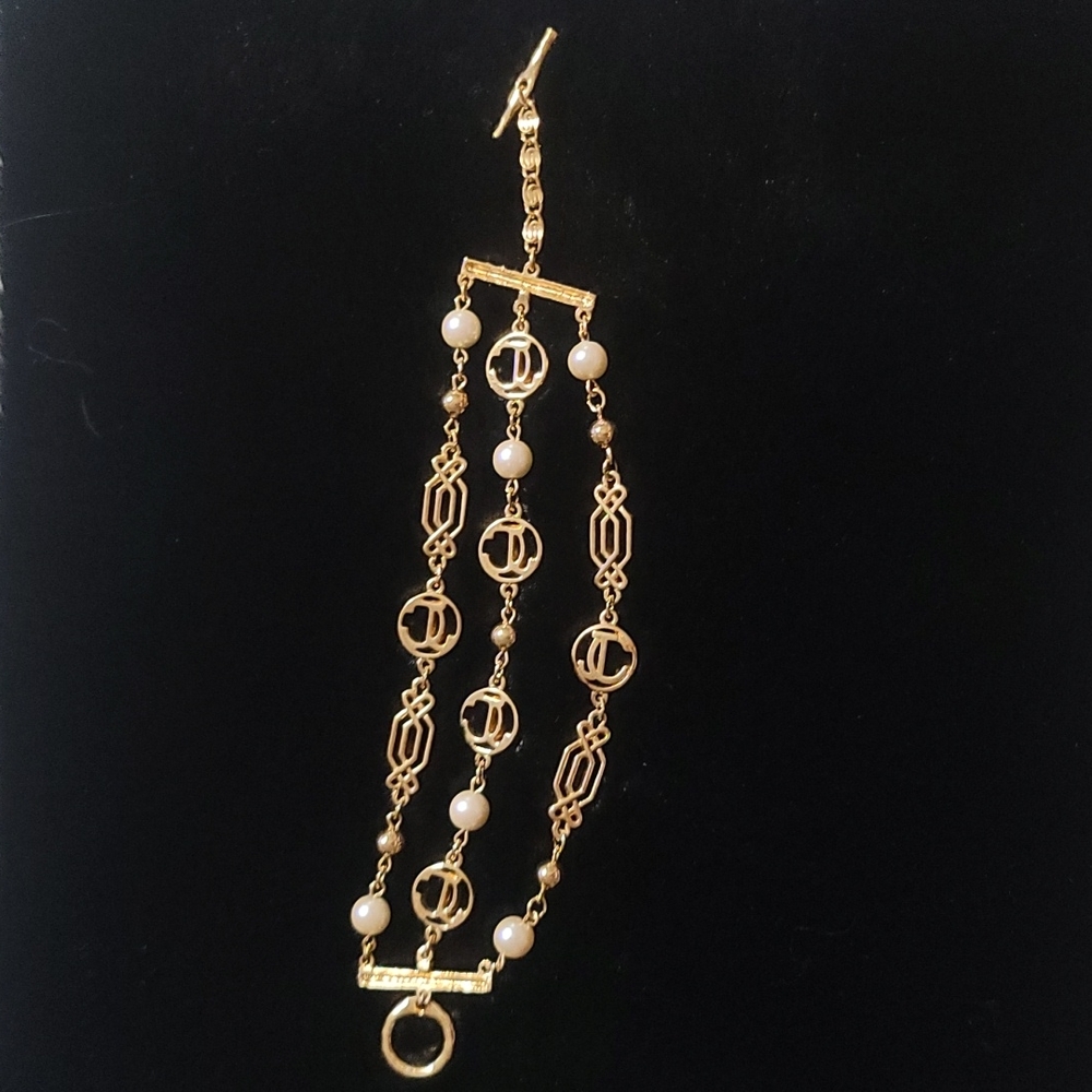 Vintage Joan Collins Signature  3 Strand Gold w/Pearls Bracelet